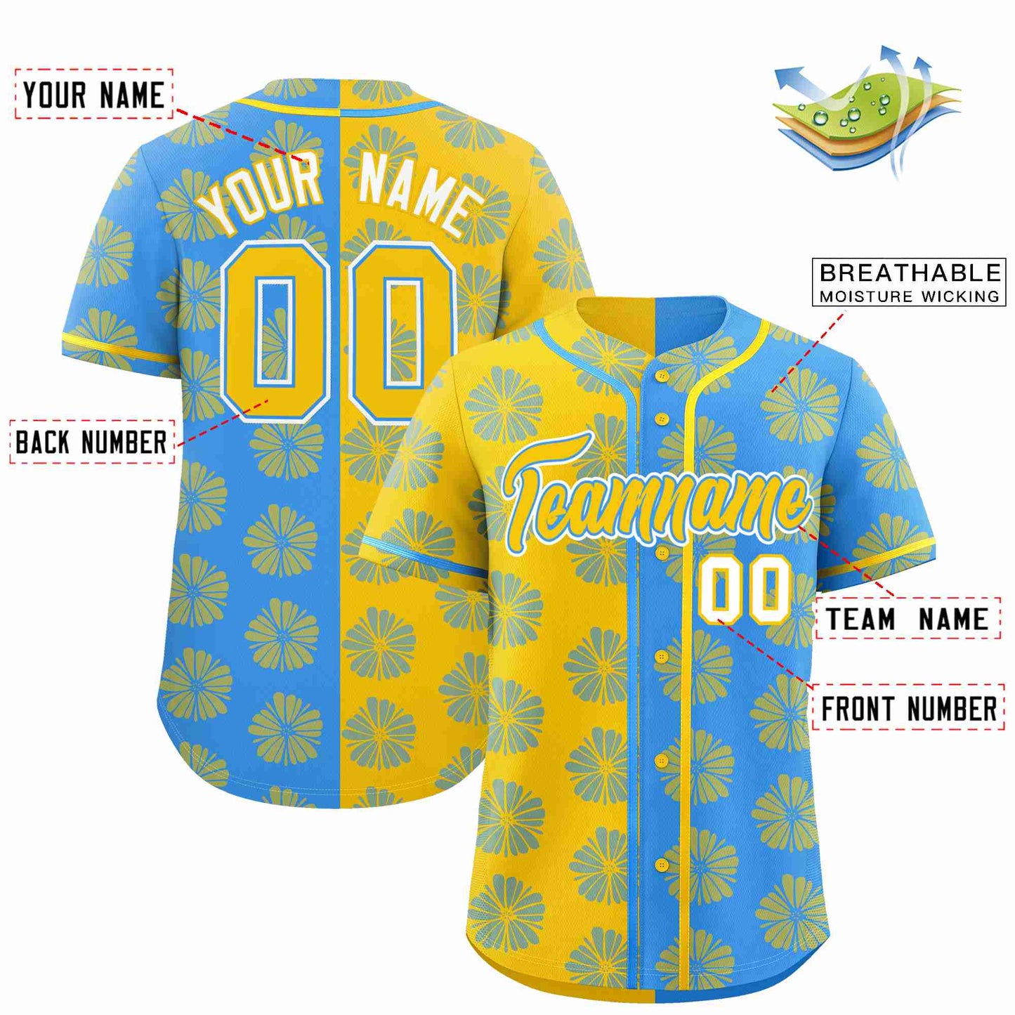 Custom Gold Powder Blue Split Fashion Flower Graffiti Pattern Authentic Baseball Jersey