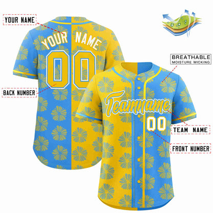 Custom Gold Powder Blue Split Fashion Flower Graffiti Pattern Authentic Baseball Jersey