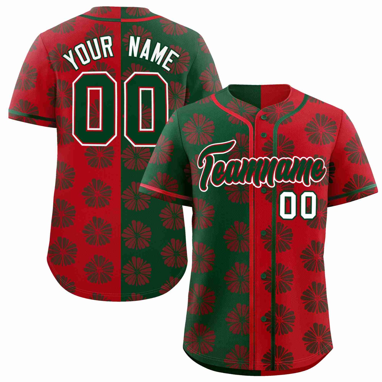 Custom Green Red Split Fashion Flower Graffiti Pattern Authentic Baseball Jersey