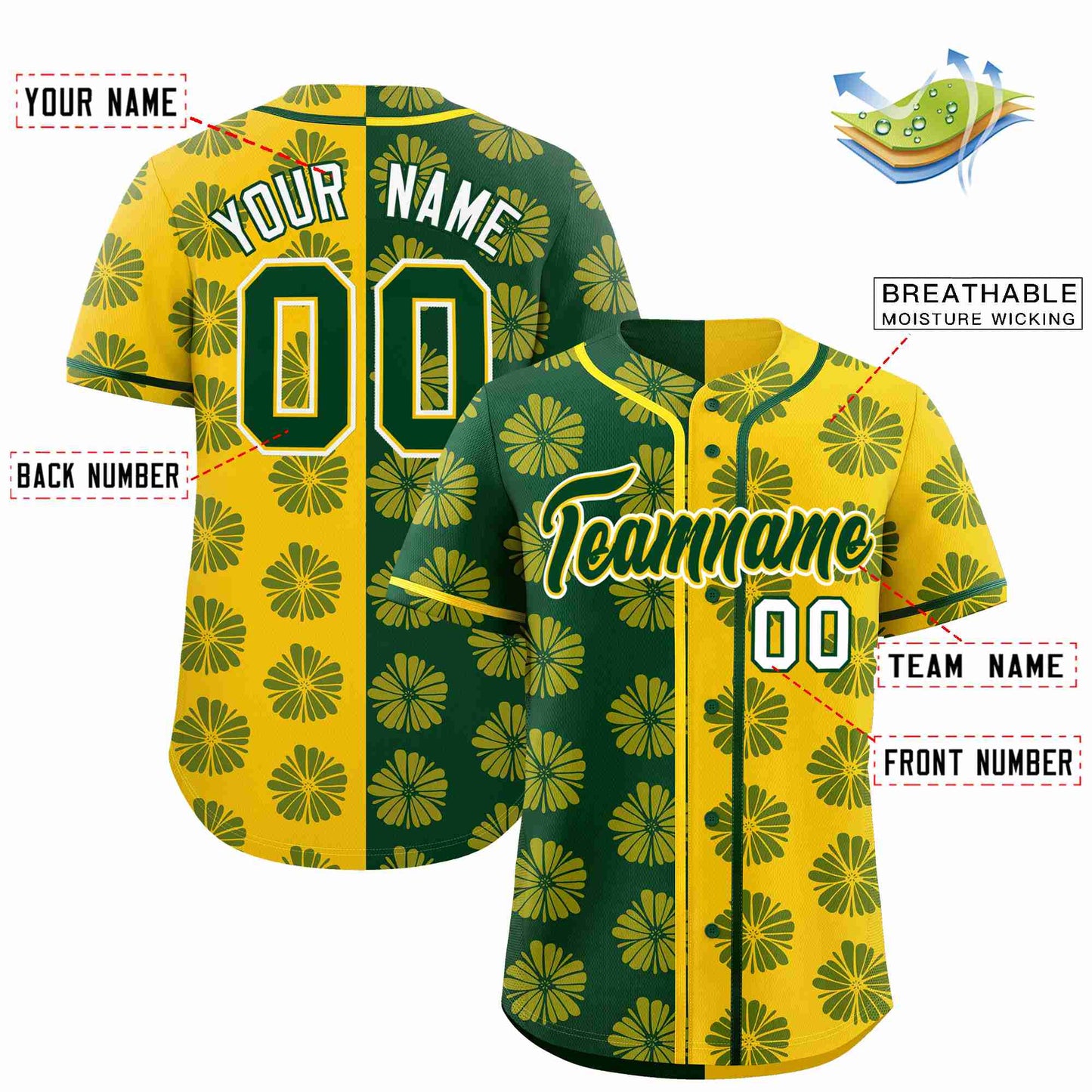 Custom Green Gold Split Fashion Flower Graffiti Pattern Authentic Baseball Jersey