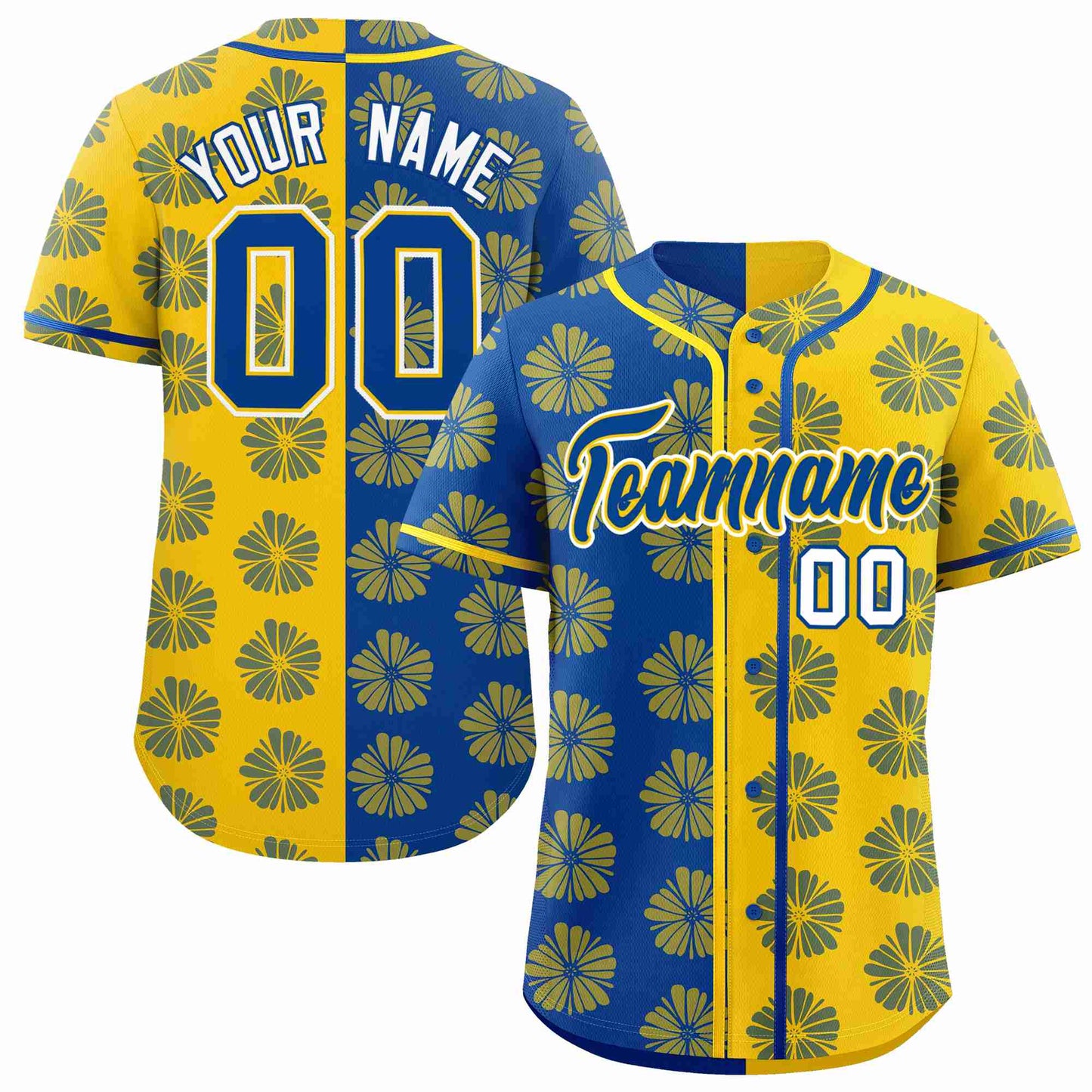 Custom Royal Gold Split Fashion Flower Graffiti Pattern Authentic Baseball Jersey