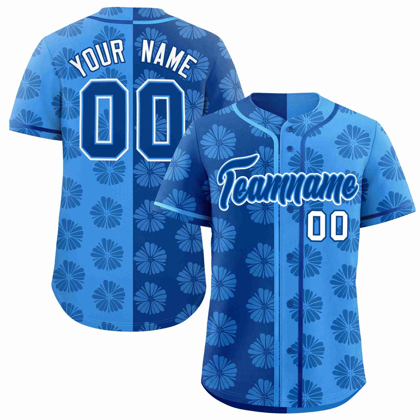 Custom Royal Powder Blue Split Fashion Flower Graffiti Pattern Authentic Baseball Jersey