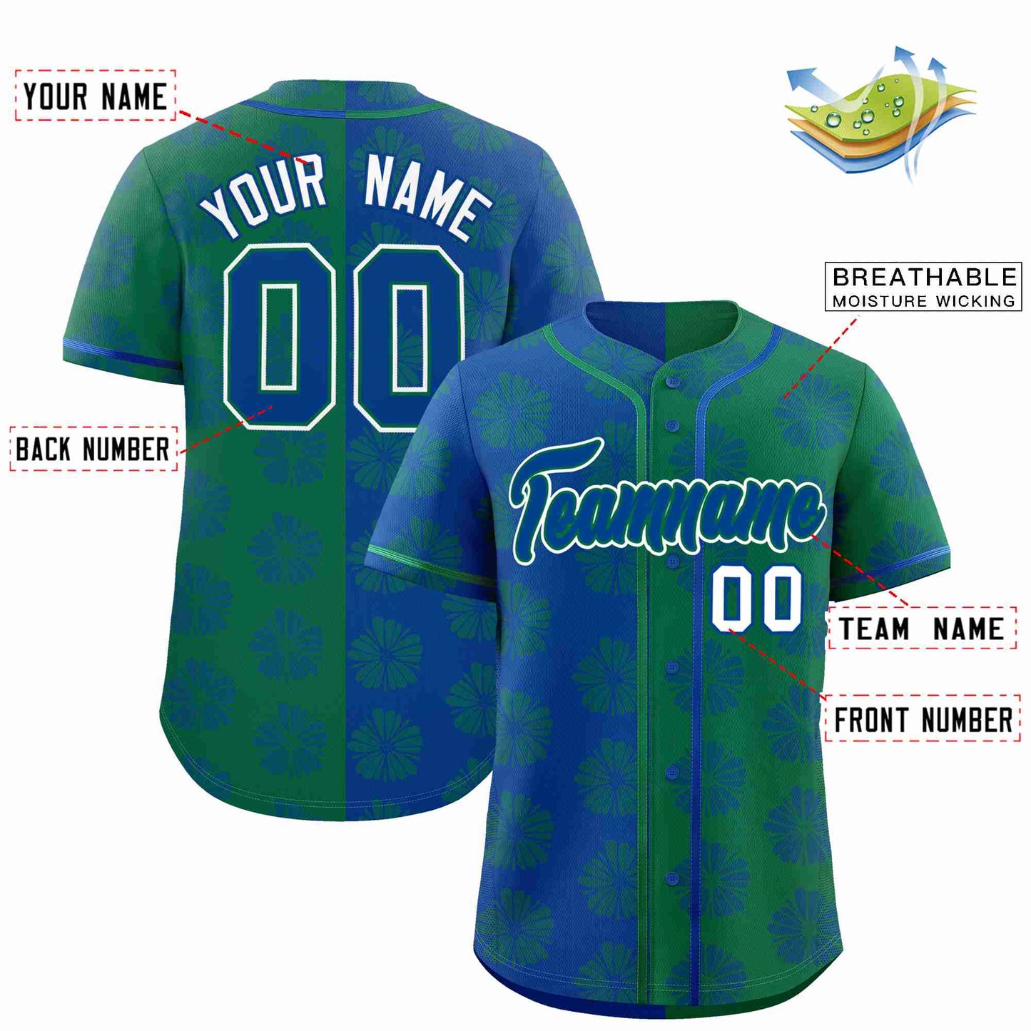 Custom Royal Kelly Green Split Fashion Flower Graffiti Pattern Authentic Baseball Jersey