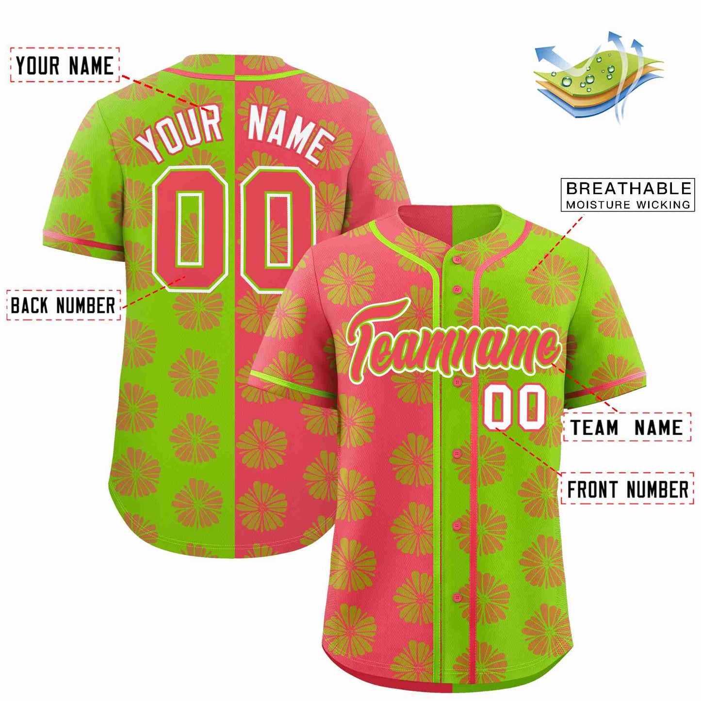 Custom Light Red Neon Green Split Fashion Flower Graffiti Pattern Authentic Baseball Jersey