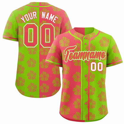 Custom Light Red Neon Green Split Fashion Flower Graffiti Pattern Authentic Baseball Jersey