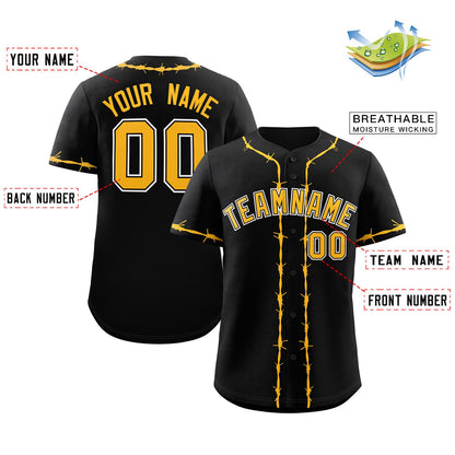 Custom Black Yellow Thorns Ribbed Classic Style Authentic Baseball Jersey