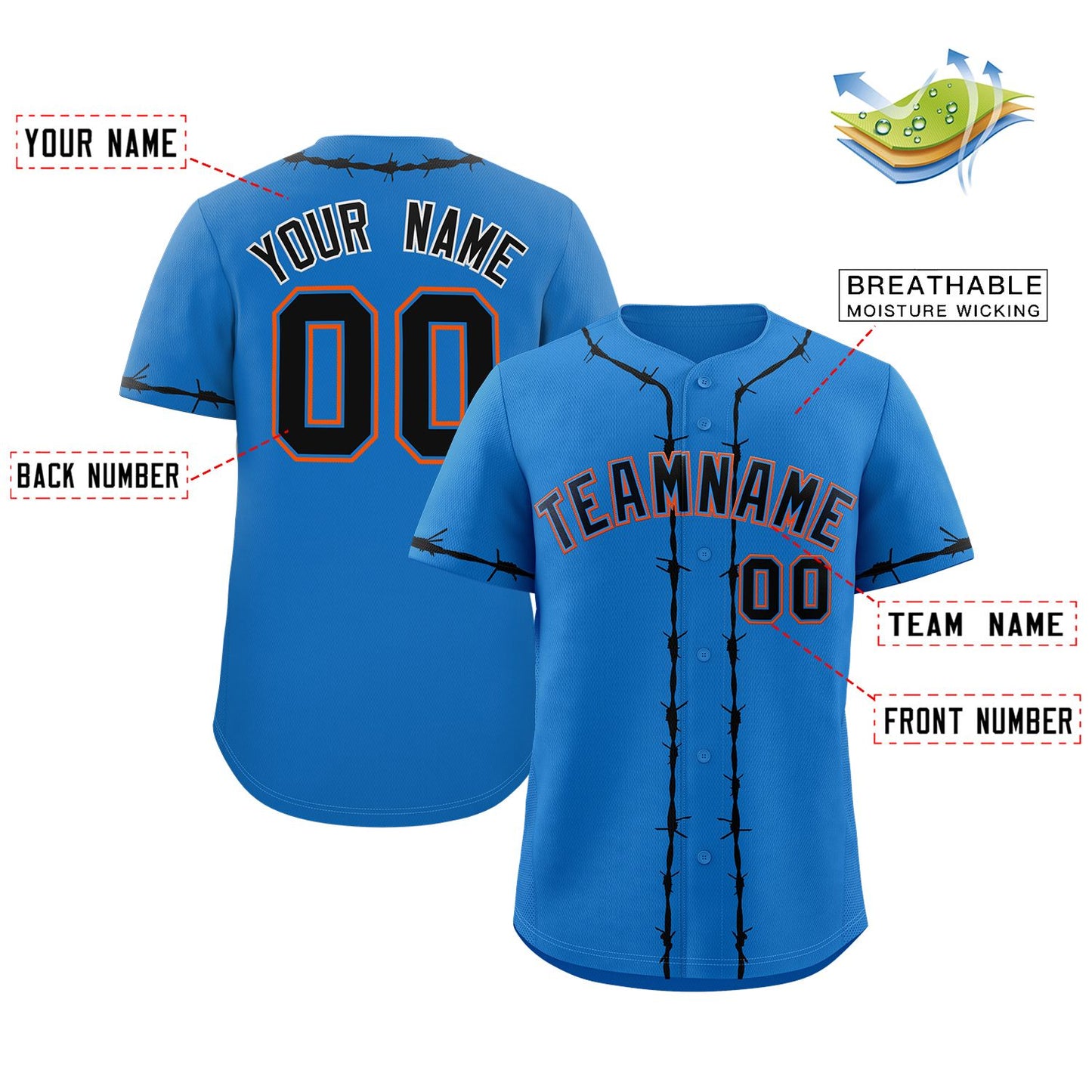 Custom Powder Blue Black Thorns Ribbed Classic Style Authentic Baseball Jersey