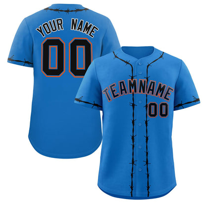 Custom Powder Blue Black Thorns Ribbed Classic Style Authentic Baseball Jersey