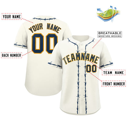 Custom Cream Navy Blue Thorns Ribbed Classic Style Authentic Baseball Jersey