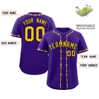 Custom Purple Gold Thorns Ribbed Classic Style Authentic Baseball Jersey