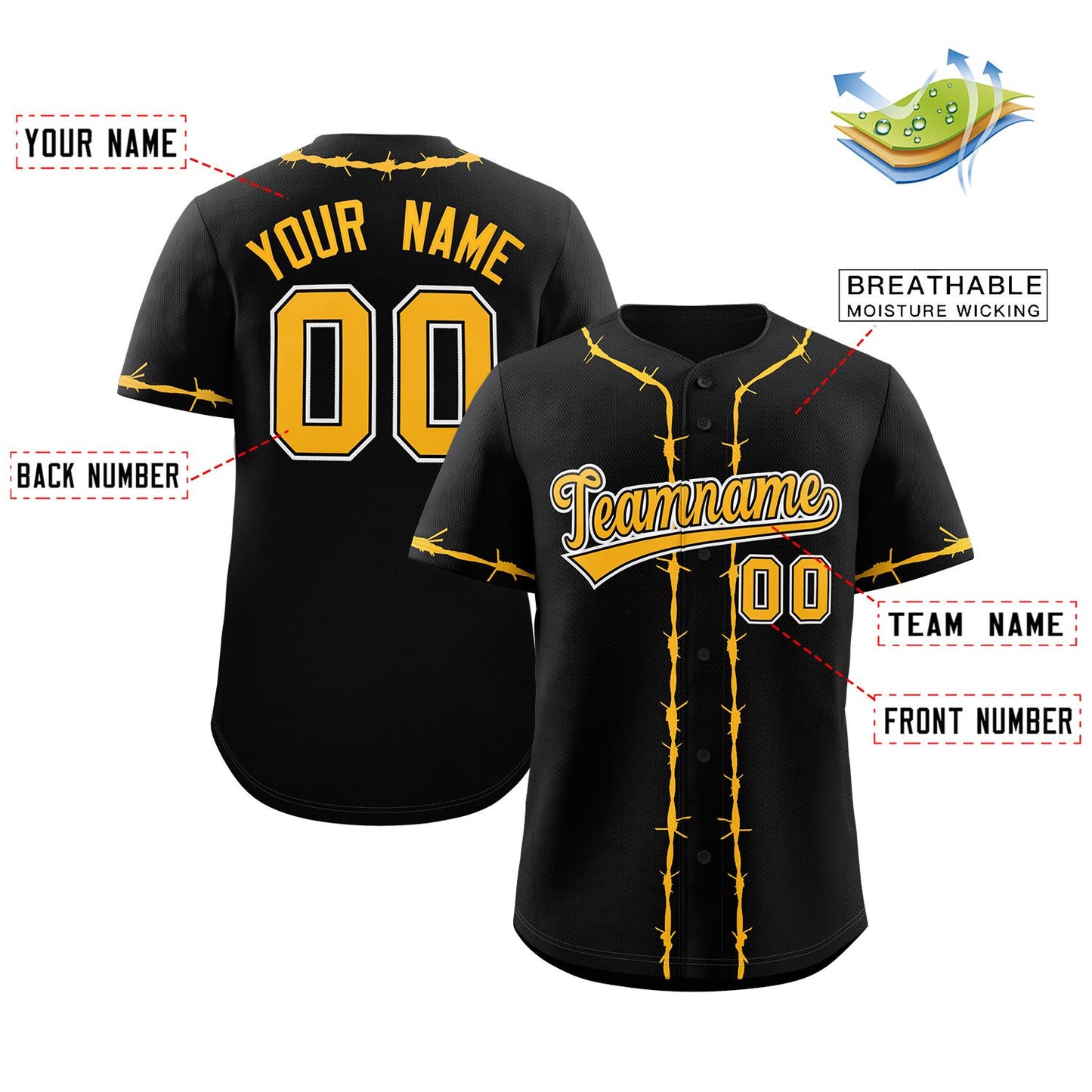 Custom Black Yellow Thorns Ribbed Classic Style Authentic Baseball Jersey