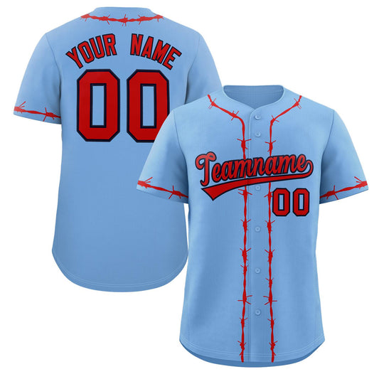 Custom Powder Blue Red Thorns Ribbed Classic Style Authentic Baseball Jersey