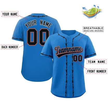 Custom Powder Blue Black Thorns Ribbed Classic Style Authentic Baseball Jersey