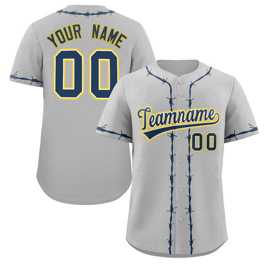 Custom Gray Navy Blue Thorns Ribbed Classic Style Authentic Baseball Jersey