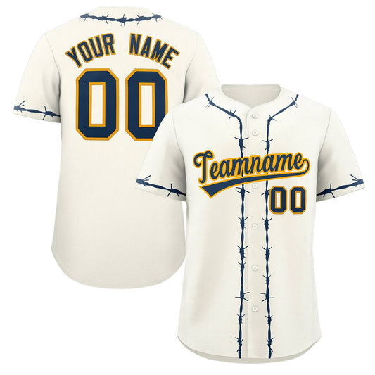 Custom Cream Navy Blue Thorns Ribbed Classic Style Authentic Baseball Jersey