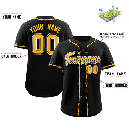 Custom Black Yellow Thorns Ribbed Classic Style Authentic Baseball Jersey