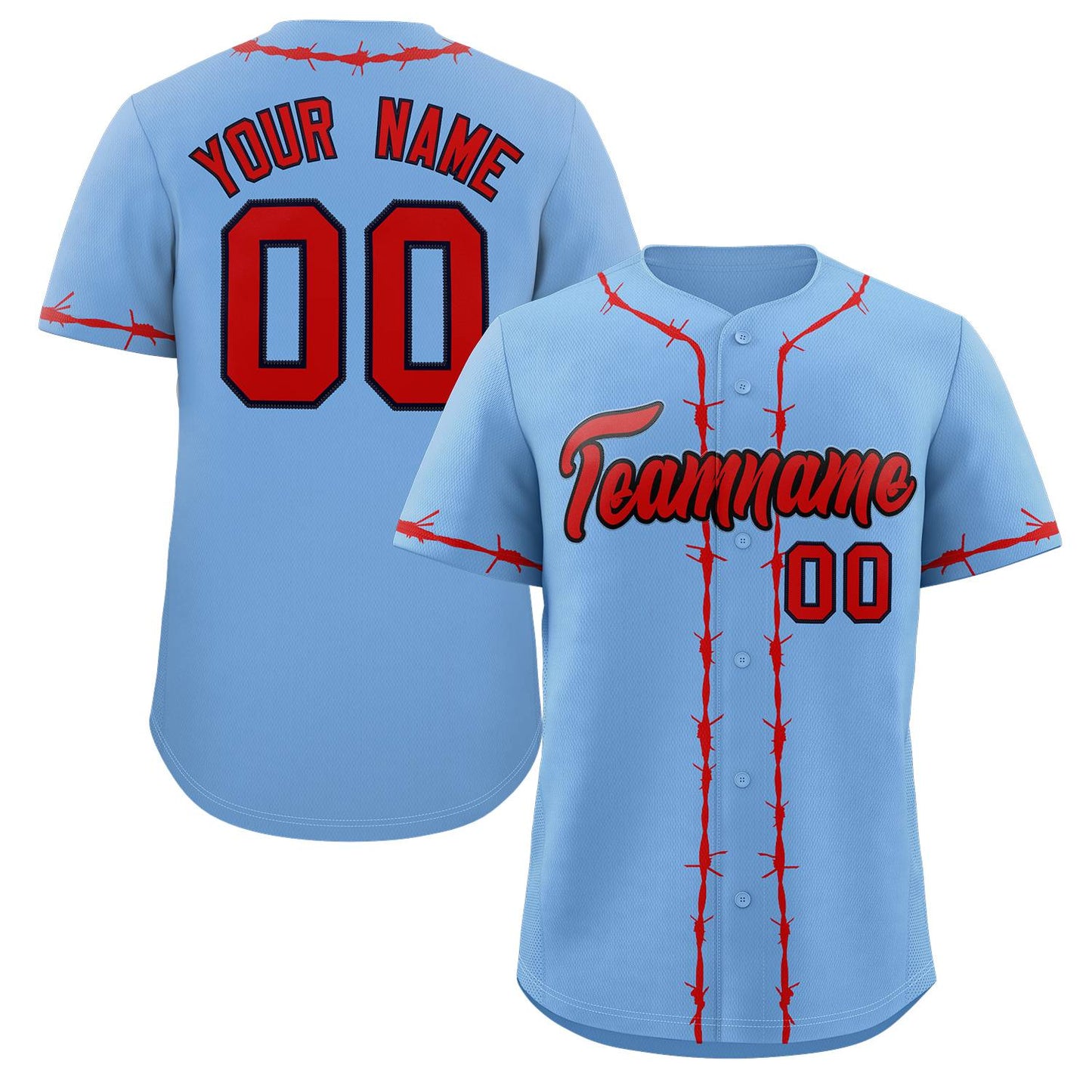 Custom Powder Blue Red Thorns Ribbed Classic Style Authentic Baseball Jersey