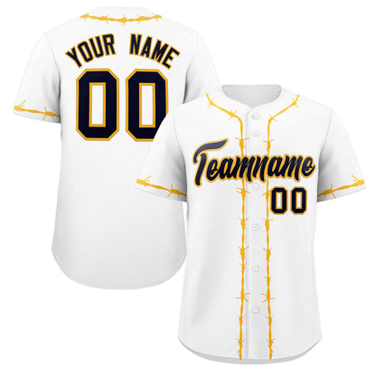 Custom White Yellow Thorns Ribbed Classic Style Authentic Baseball Jersey