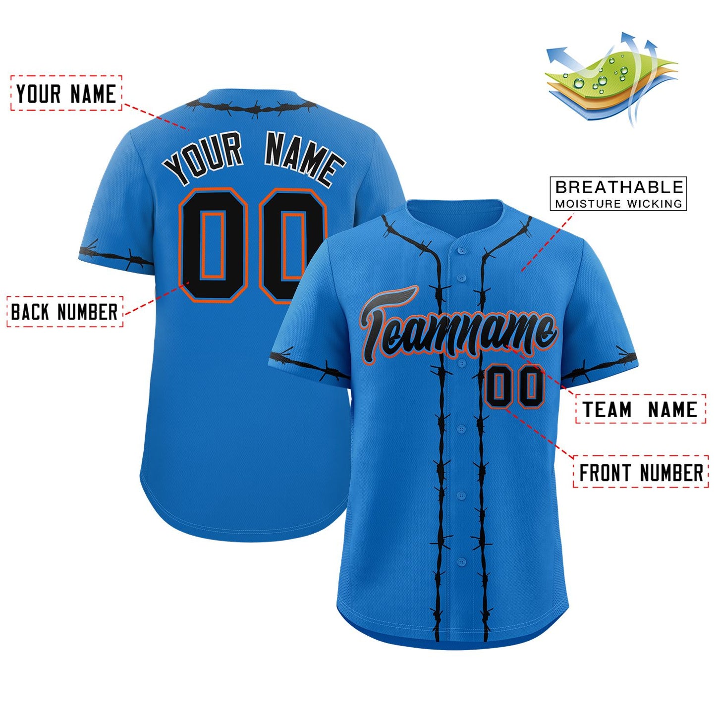 Custom Powder Blue Black Thorns Ribbed Classic Style Authentic Baseball Jersey