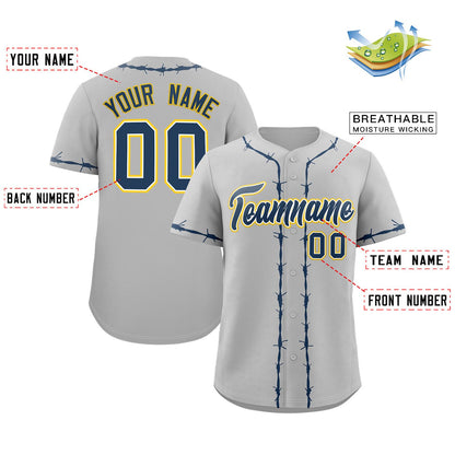 Custom Gray Navy Blue Thorns Ribbed Classic Style Authentic Baseball Jersey