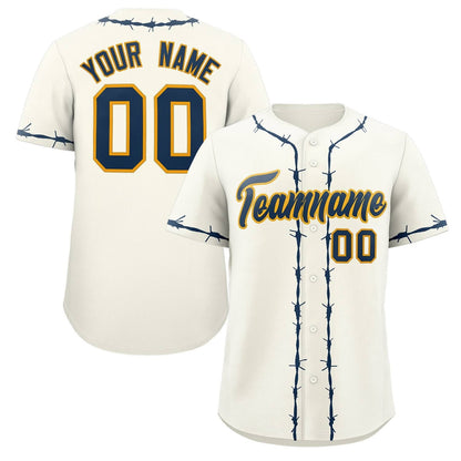 Custom Cream Navy Blue Thorns Ribbed Classic Style Authentic Baseball Jersey