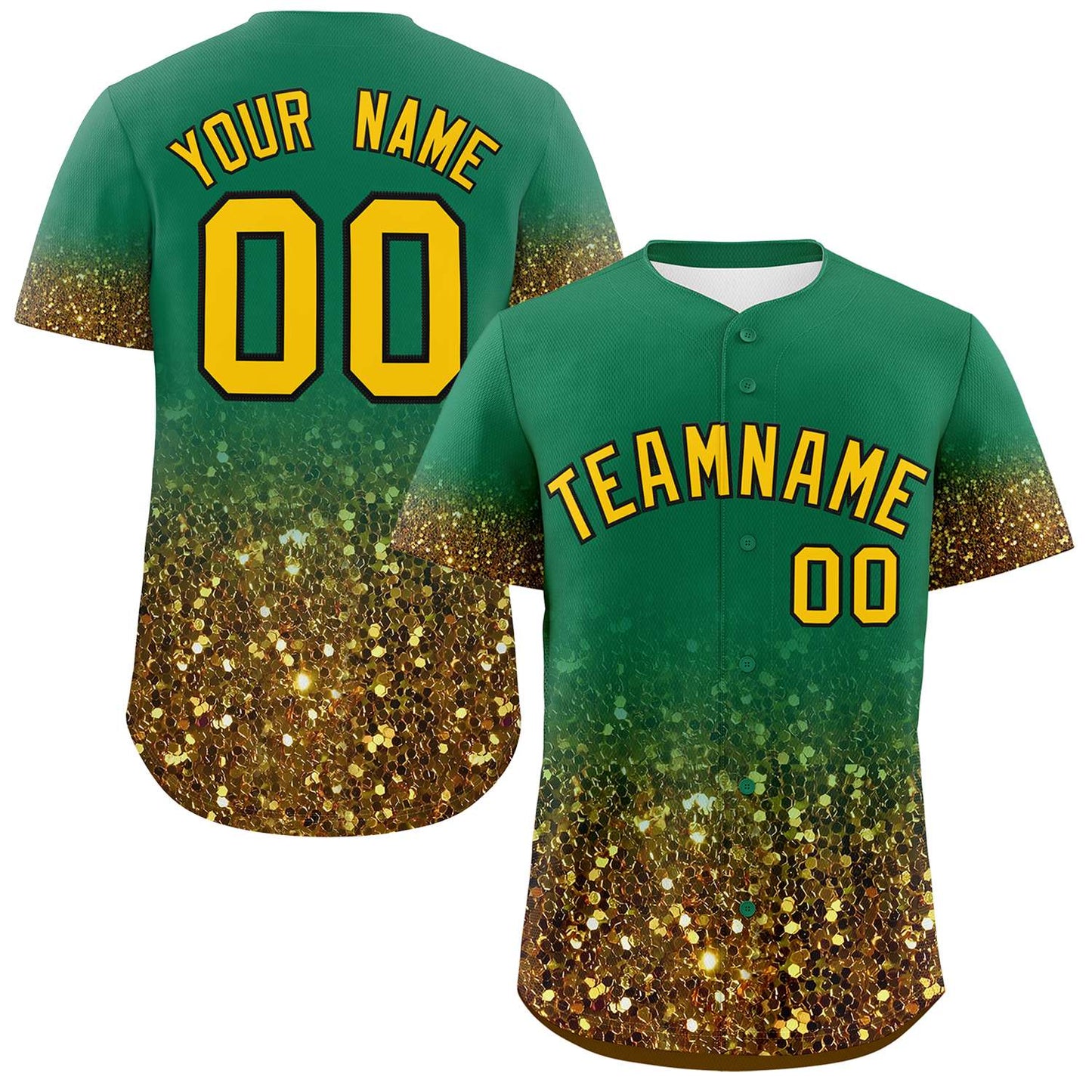 Custom Kelly Green Gold Sequins Pattern Gradient Fashion Authentic Baseball Jersey