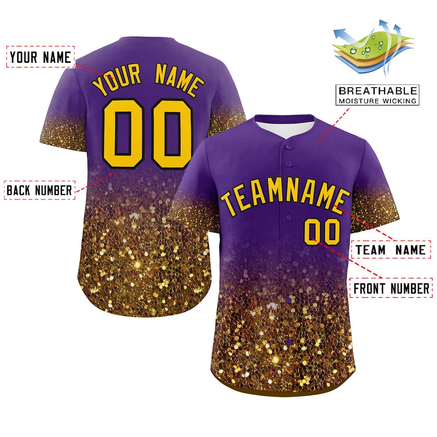 Custom Purple Gold Sequins Pattern Gradient Fashion Authentic Baseball Jersey