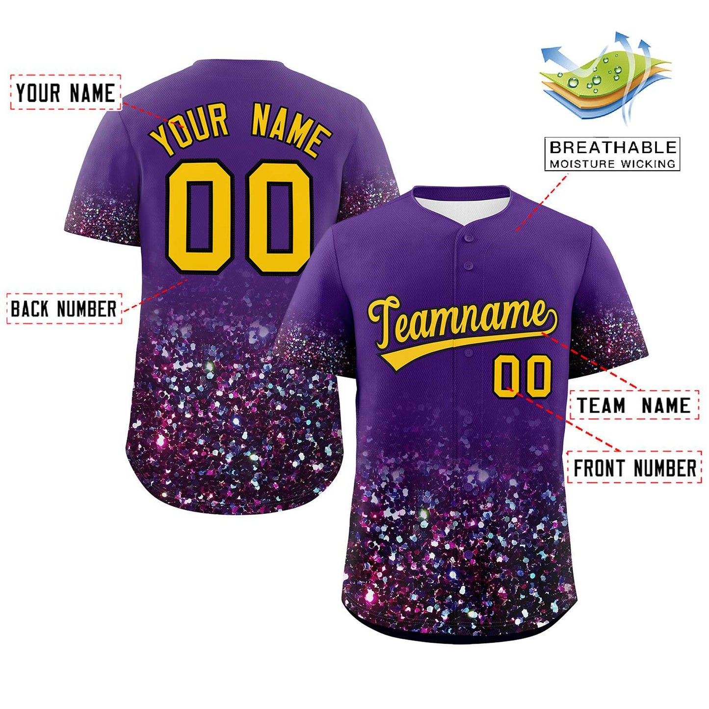 Custom Purple Gold Sequins Pattern Gradient Fashion Authentic Baseball Jersey