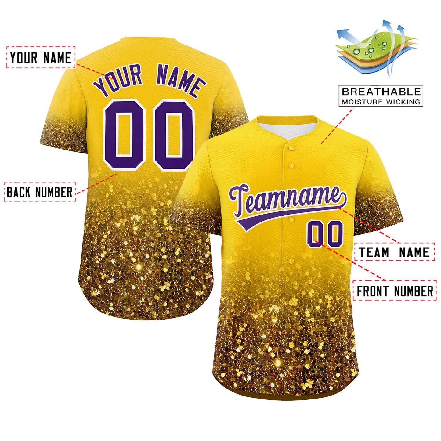 Custom Gold Purple Sequins Pattern Gradient Fashion Authentic Baseball Jersey