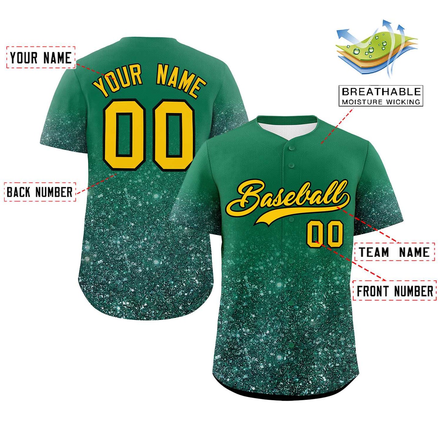 Custom Teal Gold Sequins Pattern Gradient Fashion Authentic Baseball Jersey