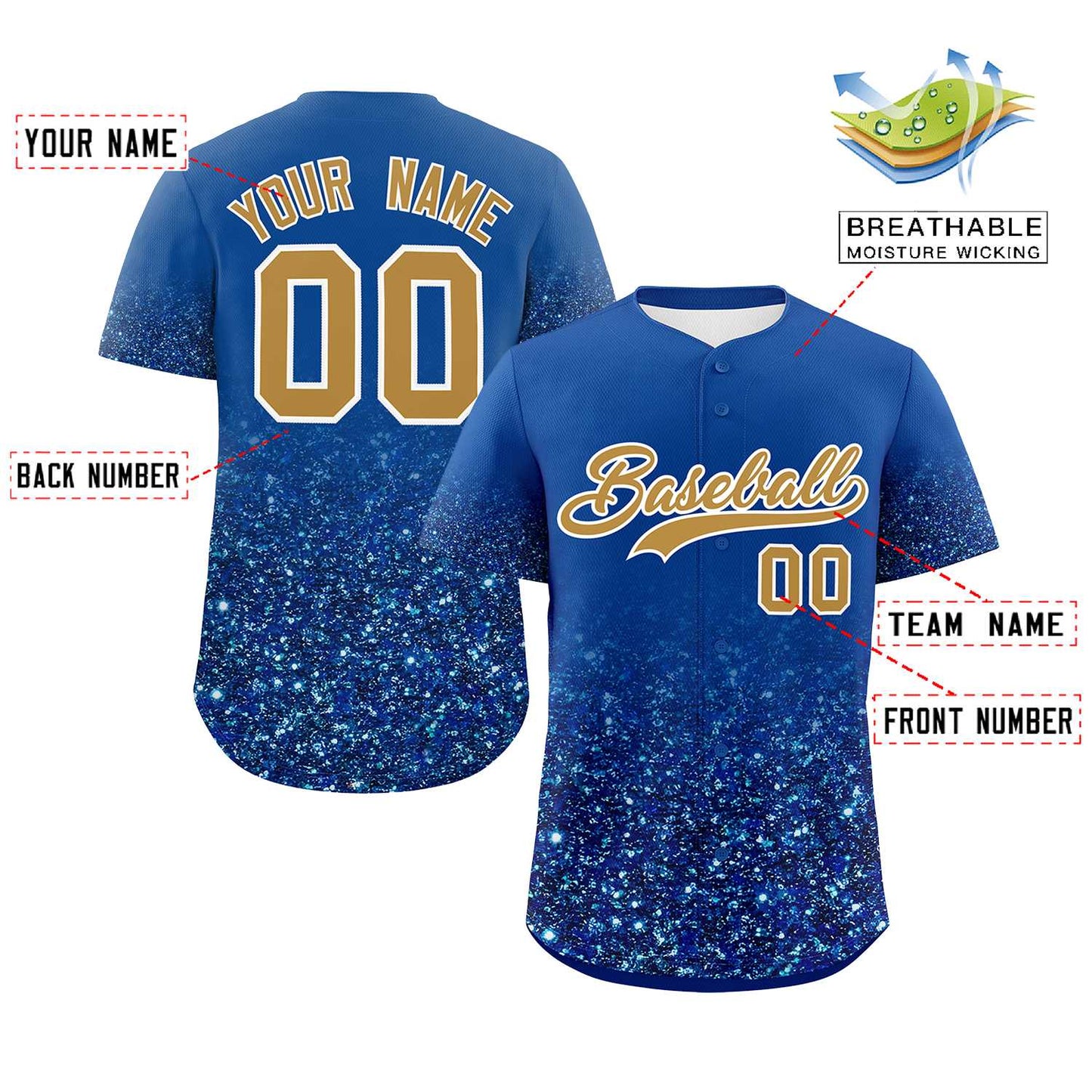 Custom Royal Old Gold Sequins Pattern Gradient Fashion Authentic Baseball Jersey