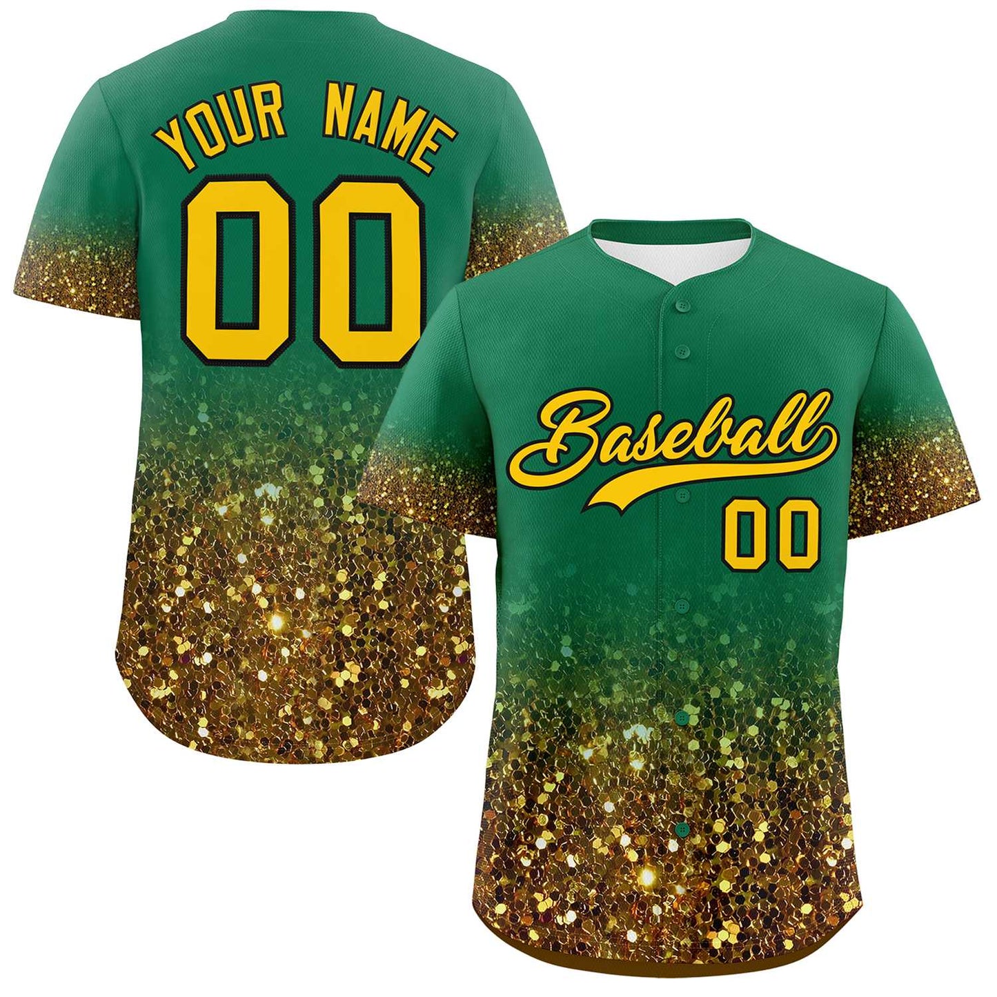 Custom Kelly Green Gold Sequins Pattern Gradient Fashion Authentic Baseball Jersey