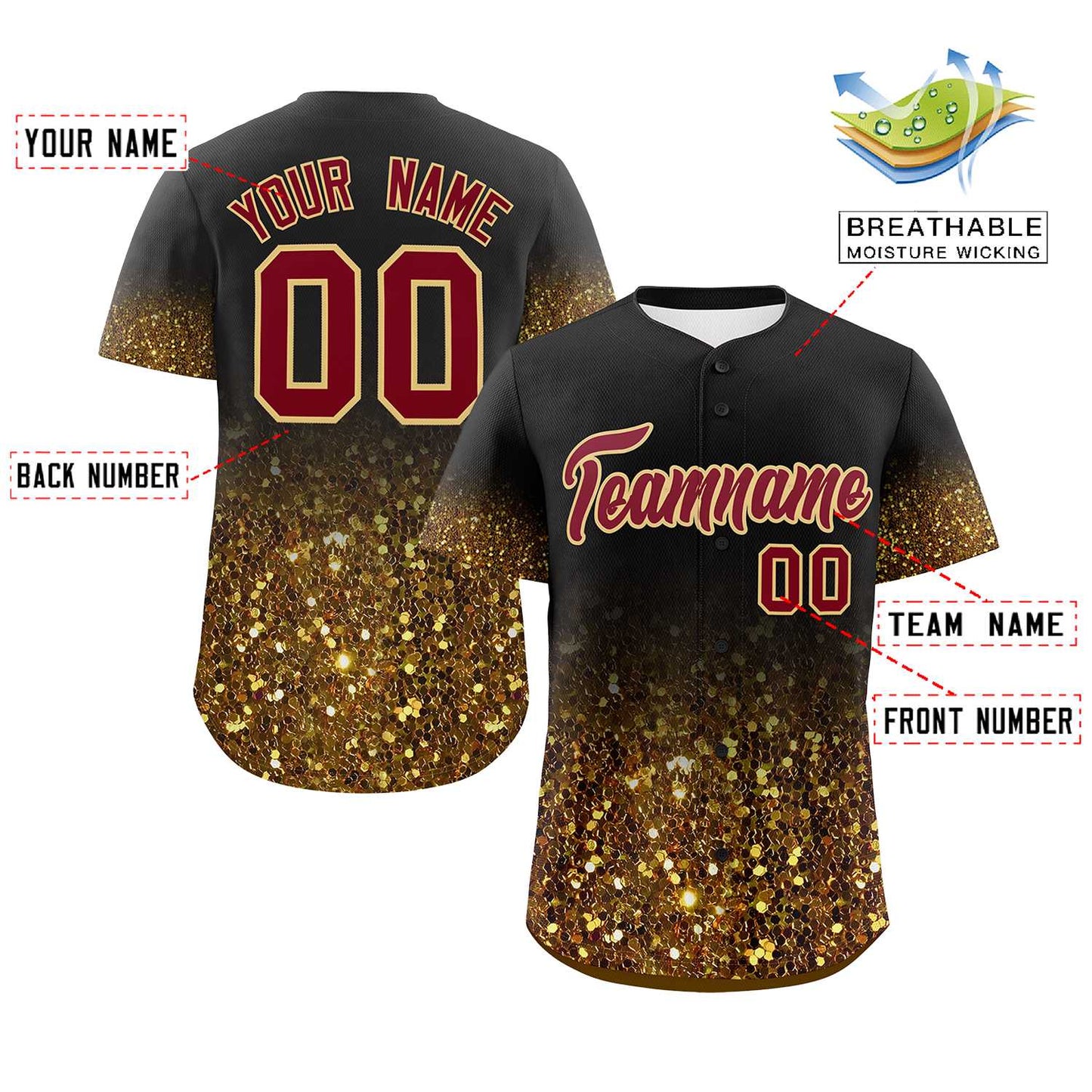 Custom Black Crimson Sequins Pattern Gradient Fashion Authentic Baseball Jersey