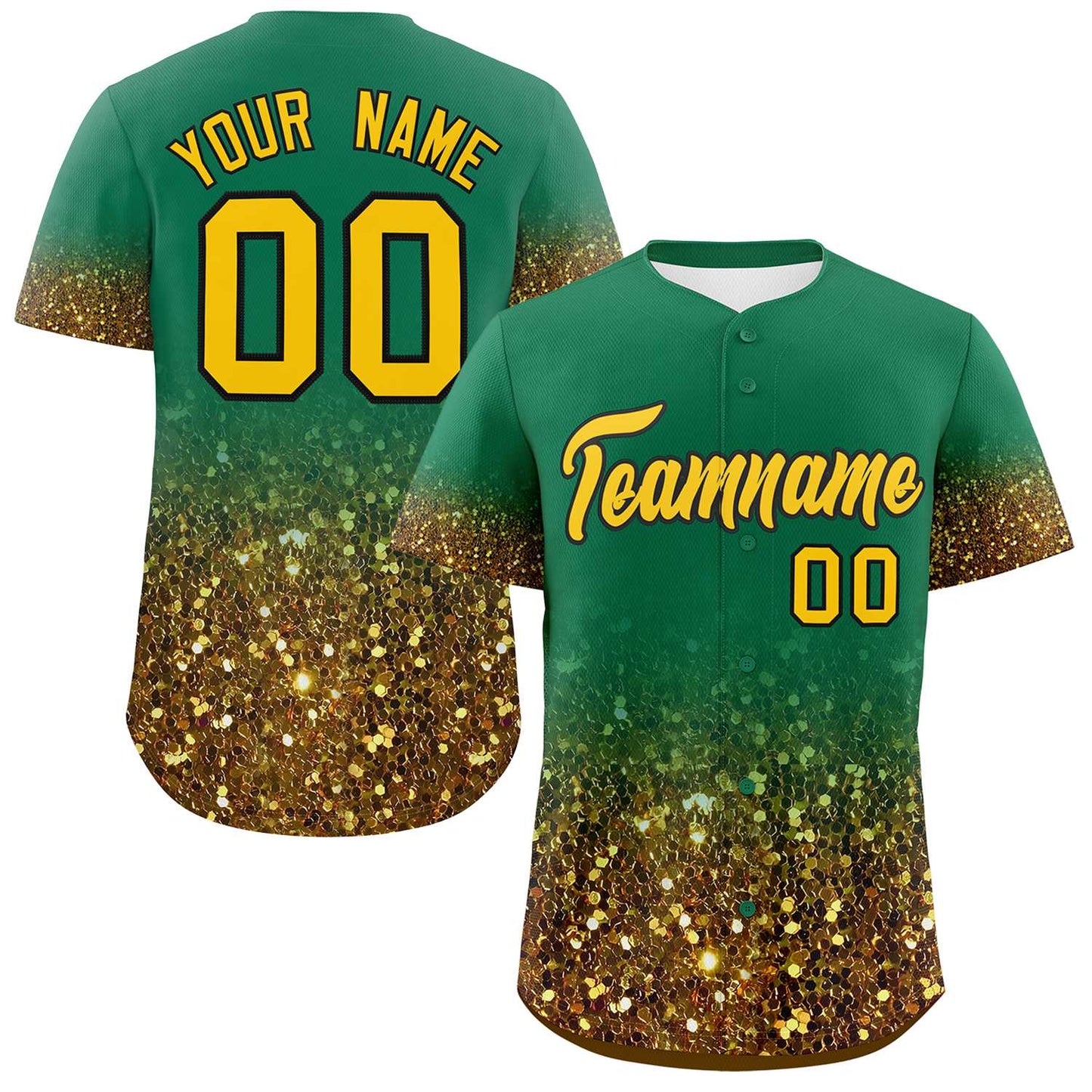 Custom Kelly Green Gold Sequins Pattern Gradient Fashion Authentic Baseball Jersey