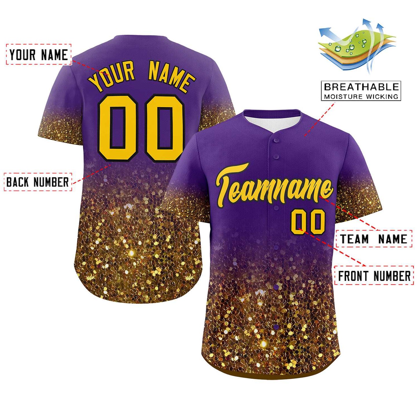 Custom Purple Gold Sequins Pattern Gradient Fashion Authentic Baseball Jersey