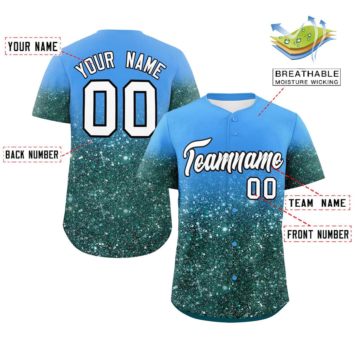 Custom Powder Blue White Sequins Pattern Gradient Fashion Authentic Baseball Jersey