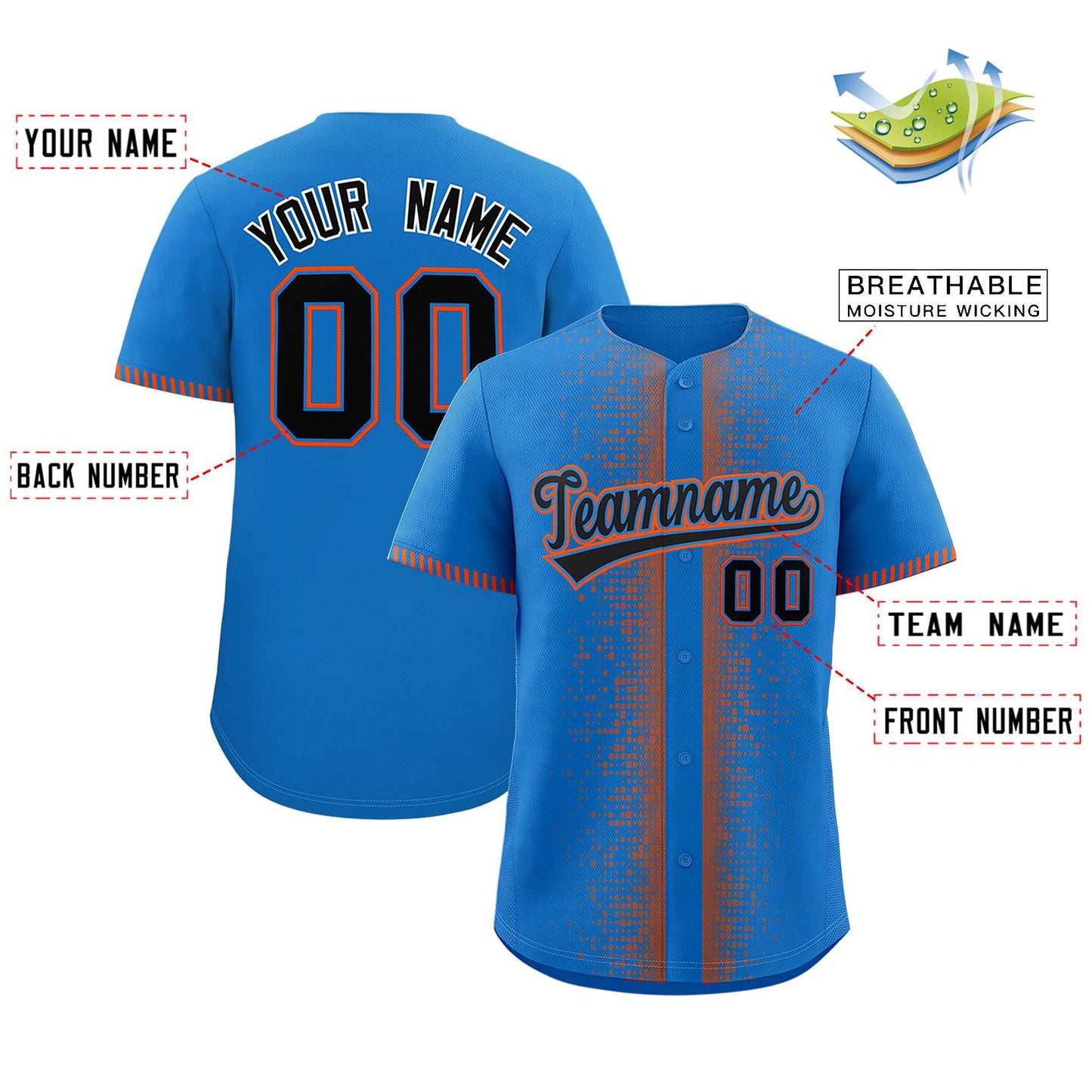 Custom Powder Blue Orange Personalized Phonetic Rhythm Authentic Baseball Jersey