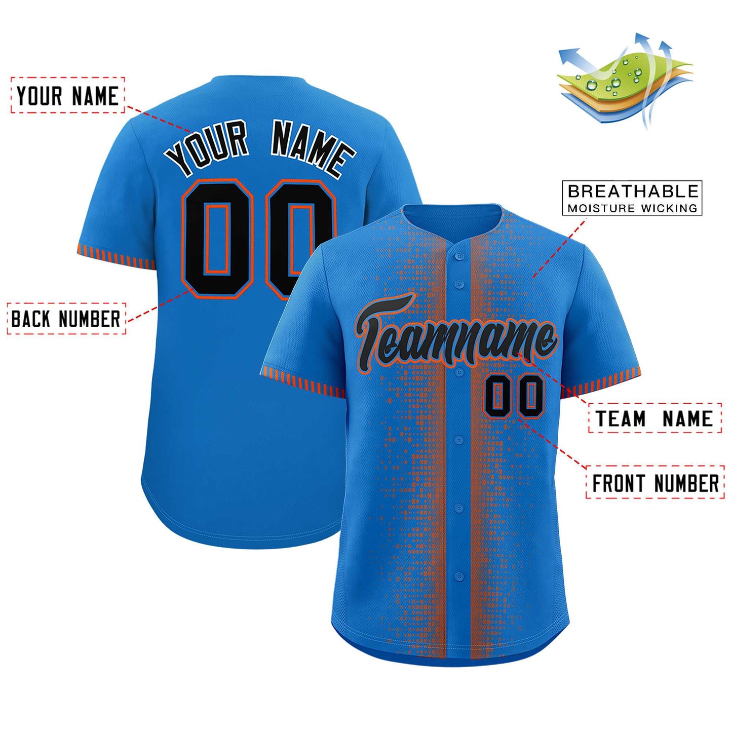 Custom Powder Blue Orange Personalized Phonetic Rhythm Authentic Baseball Jersey