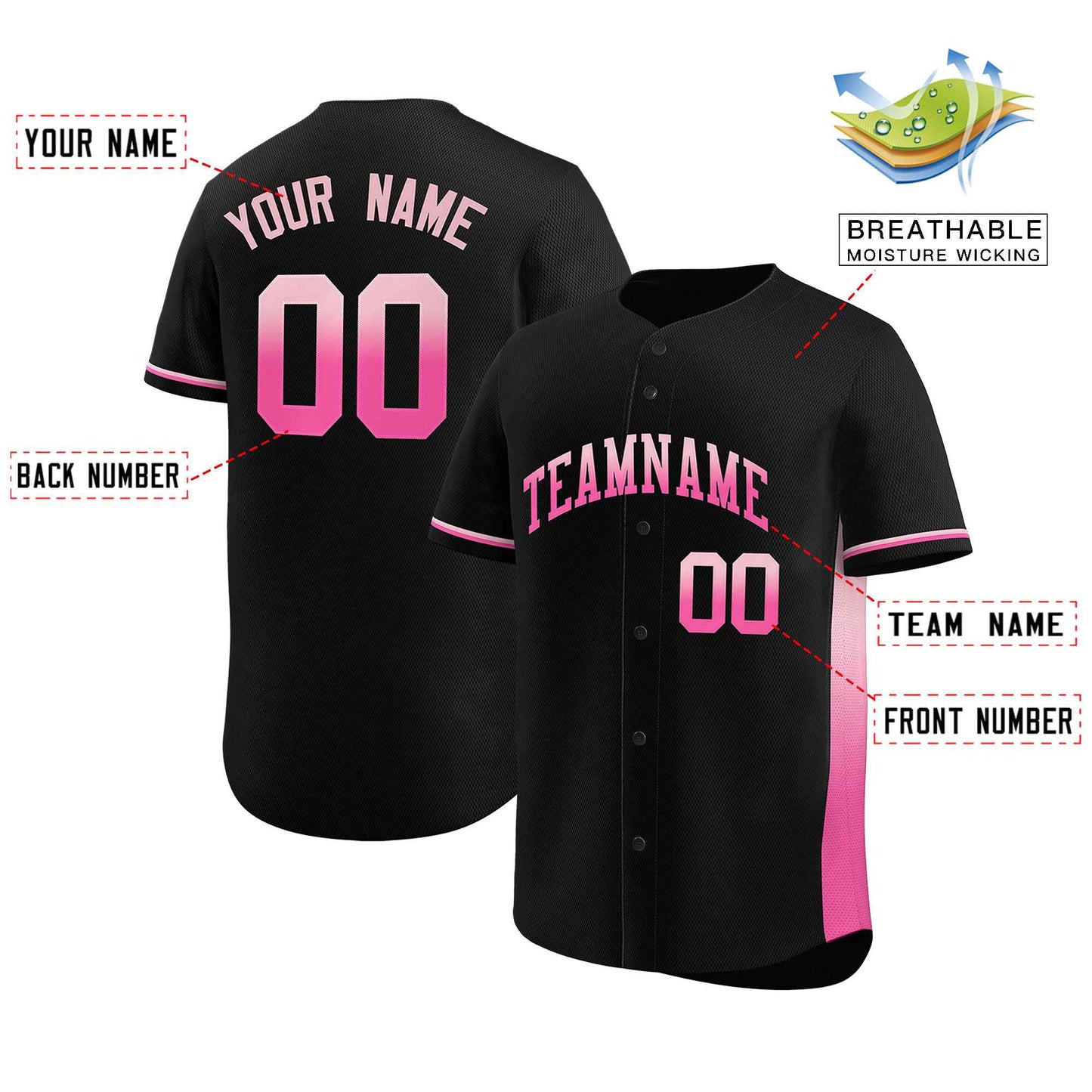 Custom Black Light Pink-Pink Personalized Gradient Font And Side Design Authentic Baseball Jersey