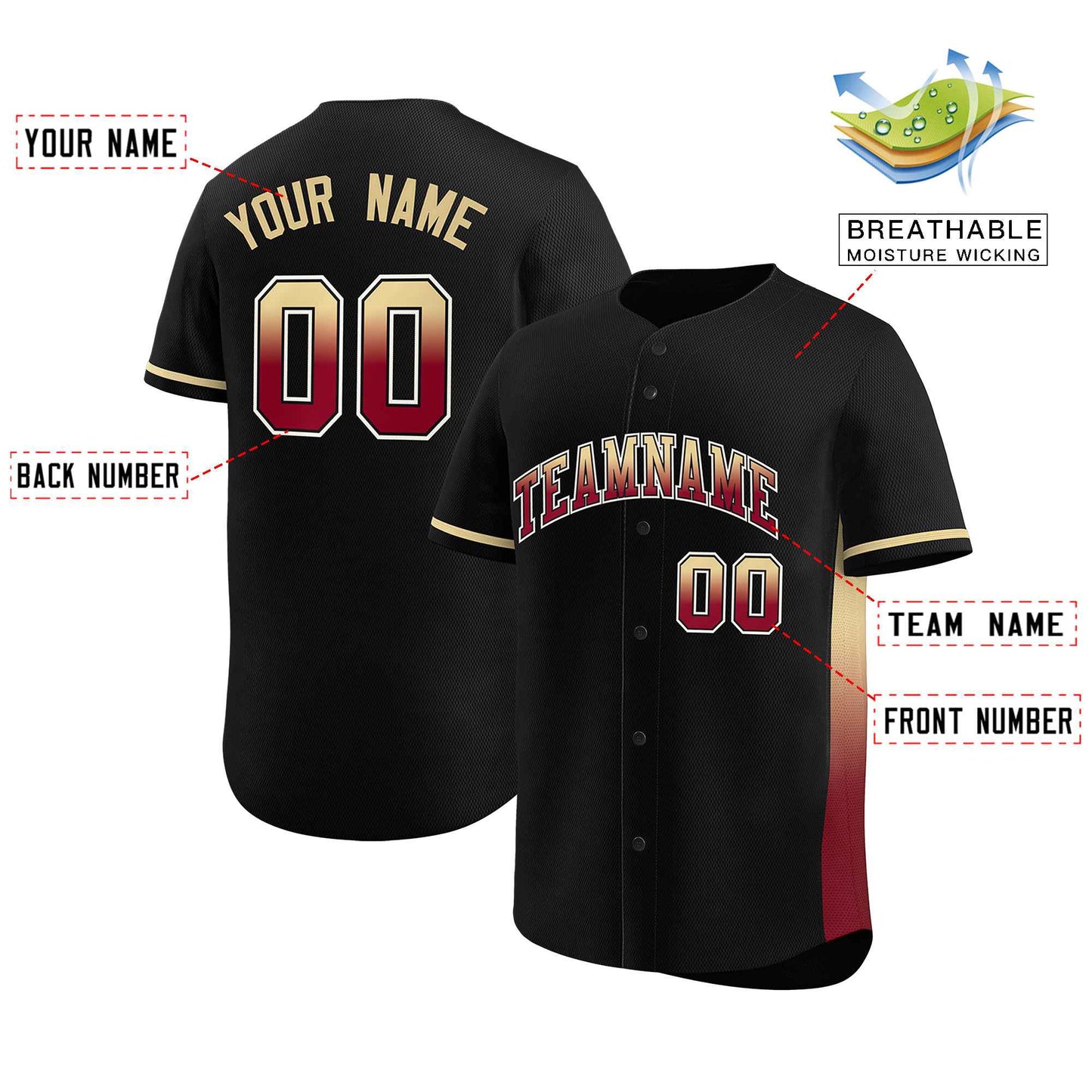 Custom Black Khaki-Crimson Personalized Gradient Font And Side Design Authentic Baseball Jersey