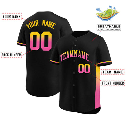 Custom Black Gold-Pink Personalized Gradient Font And Side Design Authentic Baseball Jersey