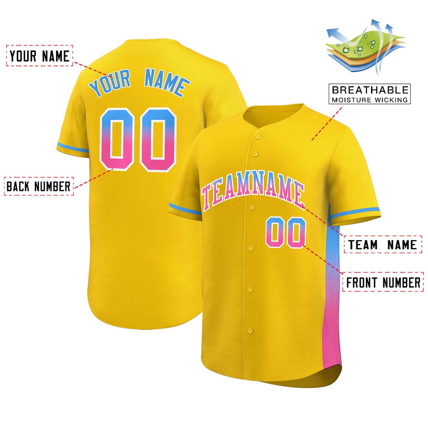 Custom Gold Powder Blue-Pink Personalized Gradient Font And Side Design Authentic Baseball Jersey