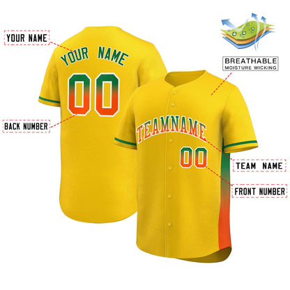 Custom Gold Kelly Green-Orange Personalized Gradient Font And Side Design Authentic Baseball Jersey