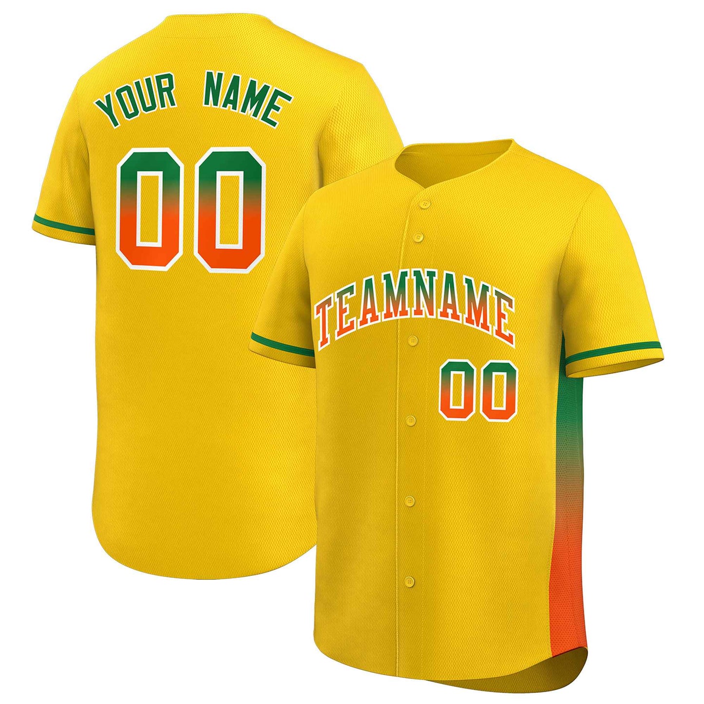 Custom Gold Kelly Green-Orange Personalized Gradient Font And Side Design Authentic Baseball Jersey