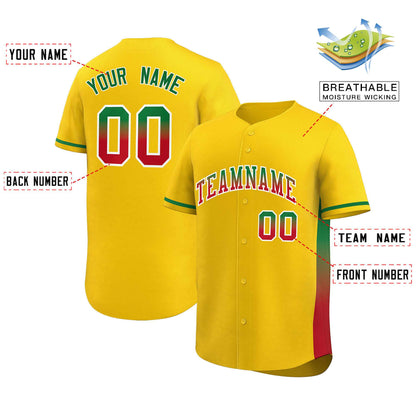 Custom Gold Kelly Green-Red Personalized Gradient Font And Side Design Authentic Baseball Jersey