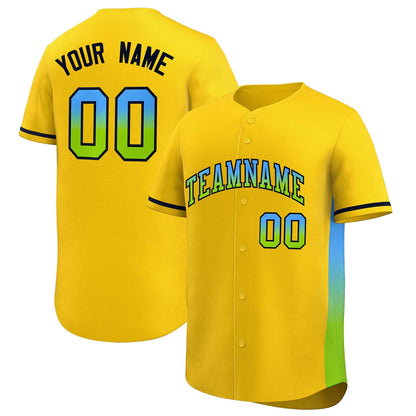 Custom Gold Powder Blue-Neon Green Personalized Gradient Font And Side Design Authentic Baseball Jersey