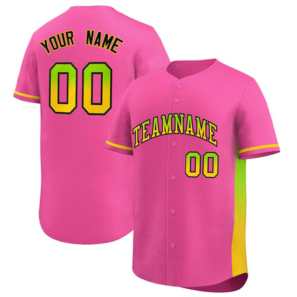 Custom Pink Neon Green-Gold Personalized Gradient Font And Side Design Authentic Baseball Jersey