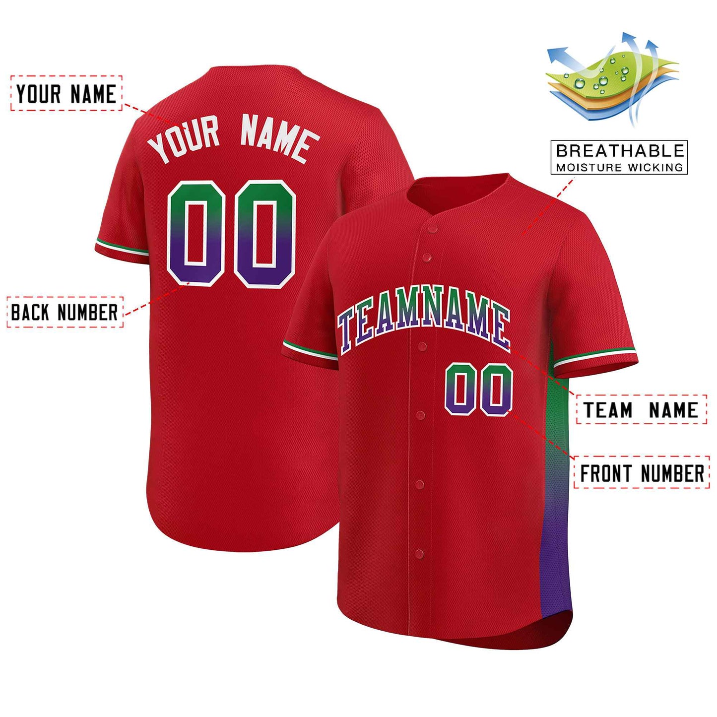 Custom Red Kelly Green-Purple Personalized Gradient Font And Side Design Authentic Baseball Jersey