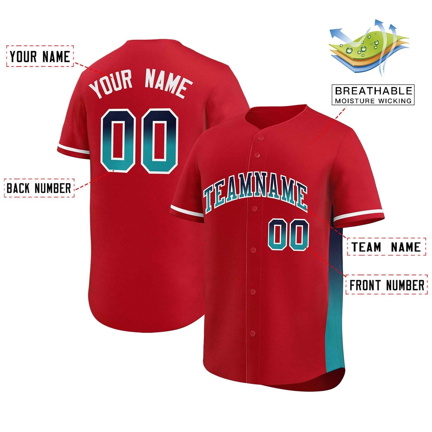 Custom Red Navy-Aqua Personalized Gradient Font And Side Design Authentic Baseball Jersey