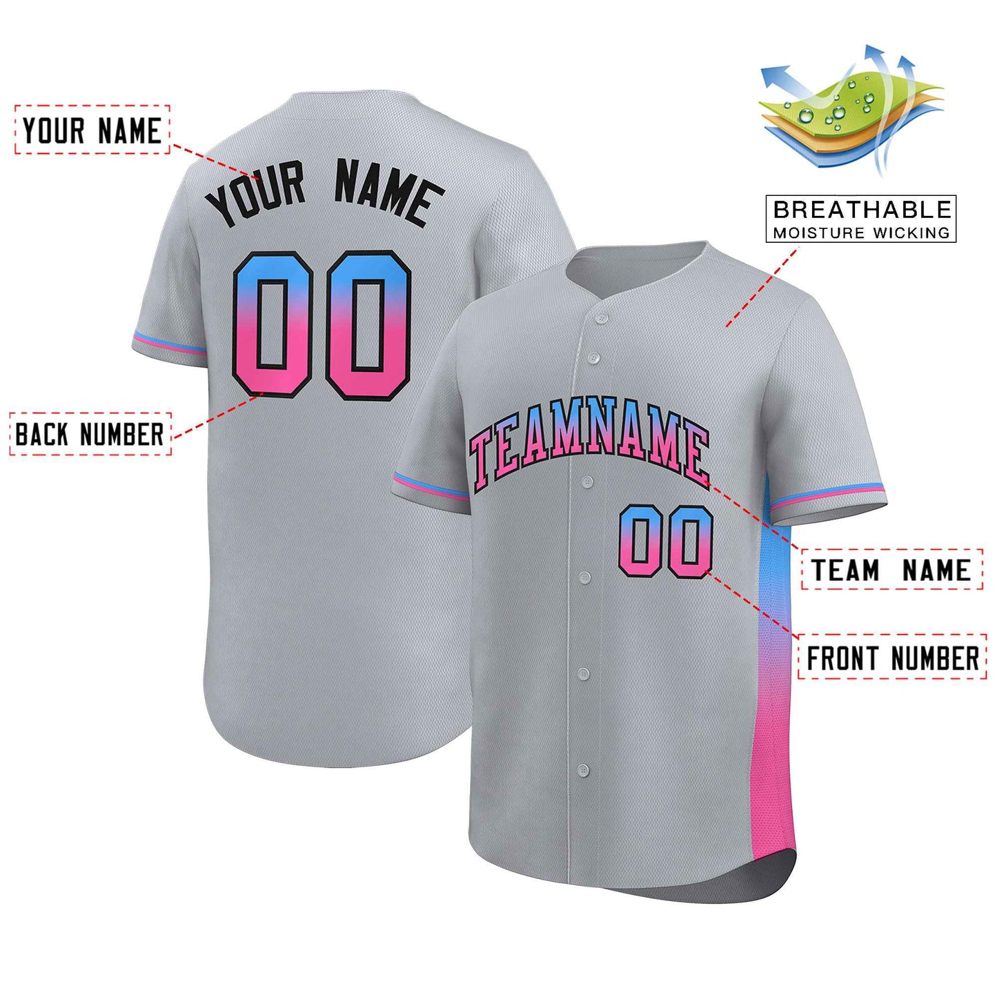 Custom Light Gray Powder Blue-Pink Personalized Gradient Font And Side Design Authentic Baseball Jersey